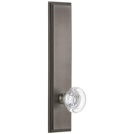 Grandeur Carre Solid Brass Tall Plate Rose Passage Door Knob Set with Bordeaux Crystal Knob and 2-3/4" Backset Antique Pewter