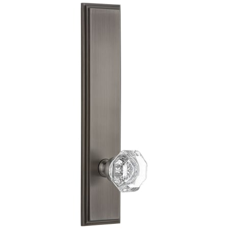 Grandeur Carre Solid Brass Tall Plate Rose Passage Door Knob Set with Chambord Crystal Knob and 2-3/4" Backset Antique Pewter