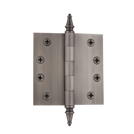 Grandeur 4 x 4 Inch Plain Bearing Square Corner Mortise Door Hinge with Steeple Finial - Single Hinge Antique Pewter