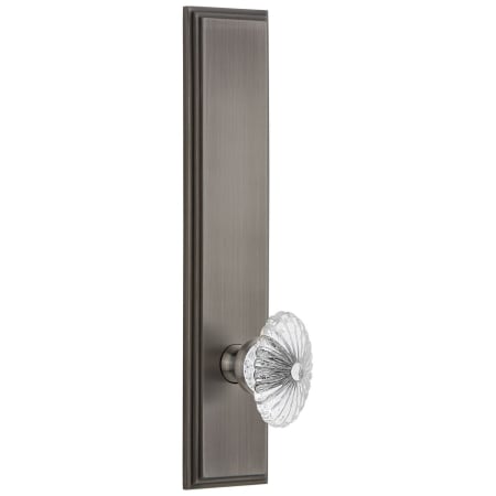 Grandeur Carre Solid Brass Tall Plate Rose Right Handed Privacy Door Knob Set with Burgundy Crystal Knob and 2-3/4" Backset Antique Pewter