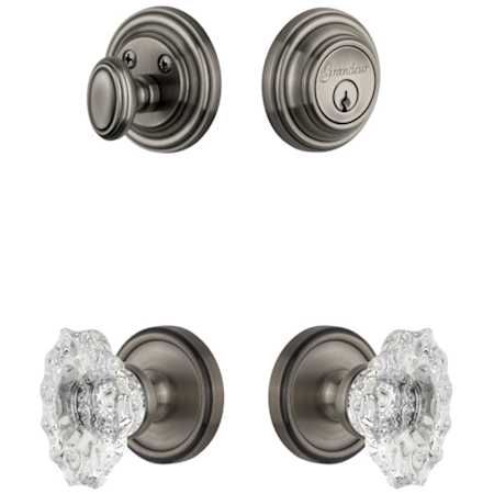 Grandeur Georgetown Solid Brass Single Cylinder Keyed Entry Knobset and Deadbolt Combo Pack with Biarritz Crystal Knob and 2-3/4" Backset Antique Pewter