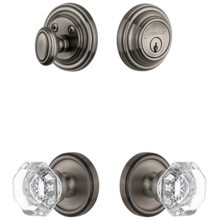 Grandeur Georgetown Solid Brass Single Cylinder Keyed Entry Knobset and Deadbolt Combo Pack with Chambord Crystal Knob and 2-3/4" Backset Antique Pewter