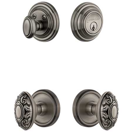 Grandeur Georgetown Solid Brass Single Cylinder Keyed Entry Knobset and Deadbolt Combo Pack with Grande Victorian Knob and 2-3/4" Backset Antique Pewter