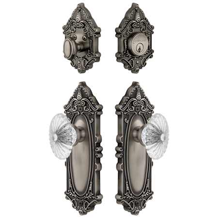 Grandeur Grande Victorian Solid Brass Single Cylinder Keyed Entry Knobset and Deadbolt Combo Pack with Burgundy Crystal Knob and 2-3/4" Backset Antique Pewter