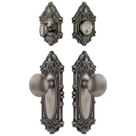 Grandeur Grande Victorian Solid Brass Single Cylinder Keyed Entry Knobset and Deadbolt Combo Pack with Fifth Avenue Knob and 2-3/4" Backset Antique Pewter