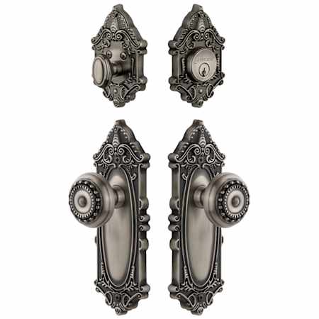 Grandeur Grande Victorian Solid Brass Single Cylinder Keyed Entry Knobset and Deadbolt Combo Pack with Parthenon Knob and 2-3/4" Backset Antique Pewter