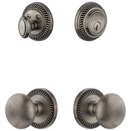 Grandeur Newport Solid Brass Single Cylinder Keyed Entry Knobset and Deadbolt Combo Pack with Fifth Avenue Knob and 2-3/4" Backset Antique Pewter