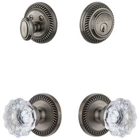 Grandeur Newport Solid Brass Single Cylinder Keyed Entry Knobset and Deadbolt Combo Pack with Fontainebleau Crystal Knob and 2-3/4" Backset Antique Pewter