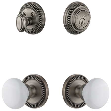 Grandeur Newport Solid Brass Single Cylinder Keyed Entry Knobset and Deadbolt Combo Pack with Hyde Park Knob and 2-3/4" Backset Antique Pewter