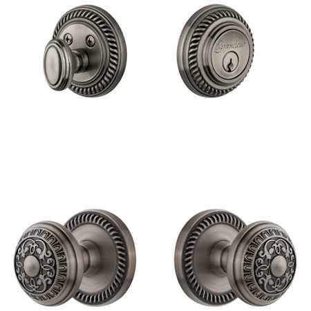Grandeur Newport Solid Brass Single Cylinder Keyed Entry Knobset and Deadbolt Combo Pack with Windsor Knob and 2-3/4" Backset Antique Pewter