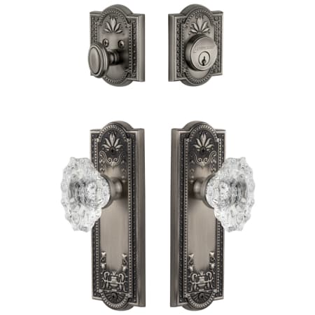 Grandeur Parthenon Solid Brass Single Cylinder Keyed Entry Knobset and Deadbolt Combo Pack with Biarritz Crystal Knob and 2-3/4" Backset Antique Pewter