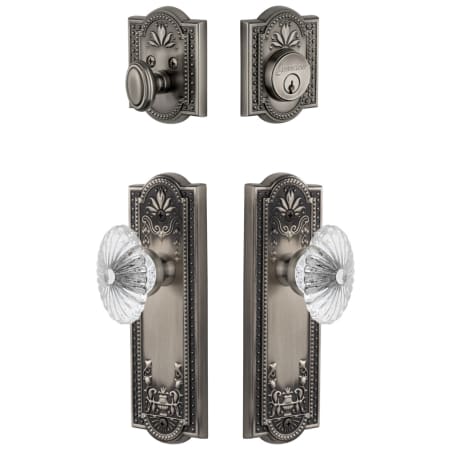 Grandeur Parthenon Solid Brass Single Cylinder Keyed Entry Knobset and Deadbolt Combo Pack with Burgundy Crystal Knob and 2-3/4" Backset Antique Pewter