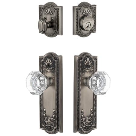 Grandeur Parthenon Solid Brass Single Cylinder Keyed Entry Knobset and Deadbolt Combo Pack with Chambord Crystal Knob and 2-3/4" Backset Antique Pewter