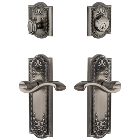 Grandeur Parthenon Solid Brass Right Handed Single Cylinder Keyed Entry Leverset and Deadbolt Combo Pack with Portofino Lever and 2-3/4" Backset Antique Pewter