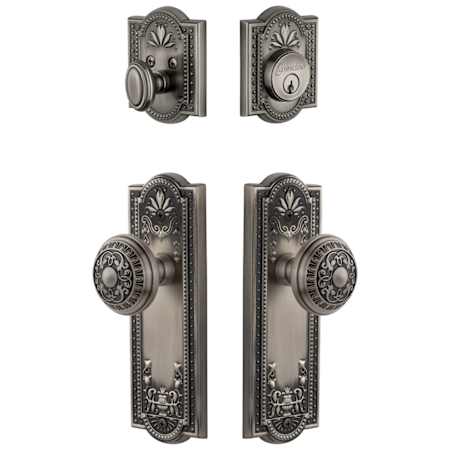 Grandeur Parthenon Solid Brass Single Cylinder Keyed Entry Knobset and Deadbolt Combo Pack with Windsor Knob and 2-3/4" Backset Antique Pewter