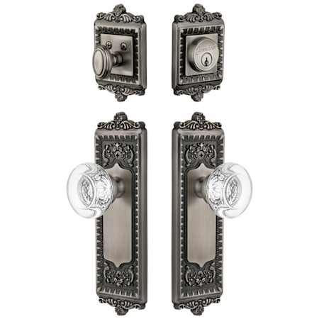 Grandeur Windsor Solid Brass Single Cylinder Keyed Entry Knobset and Deadbolt Combo Pack with Bordeaux Crystal Knob and 2-3/4" Backset Antique Pewter