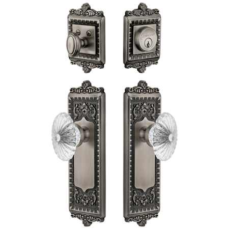 Grandeur Windsor Solid Brass Single Cylinder Keyed Entry Knobset and Deadbolt Combo Pack with Burgundy Crystal Knob and 2-3/4" Backset Antique Pewter