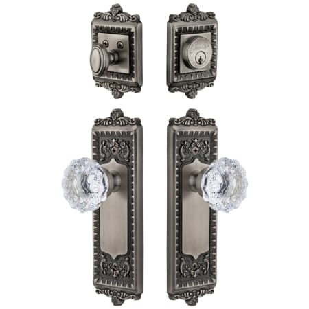 Grandeur Windsor Solid Brass Single Cylinder Keyed Entry Knobset and Deadbolt Combo Pack with Fontainebleau Crystal Knob and 2-3/4" Backset Antique Pewter