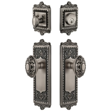 Grandeur Windsor Solid Brass Single Cylinder Keyed Entry Knobset and Deadbolt Combo Pack with Grande Victorian Knob and 2-3/4" Backset Antique Pewter