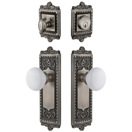 Grandeur Windsor Solid Brass Single Cylinder Keyed Entry Knobset and Deadbolt Combo Pack with Hyde Park Knob and 2-3/4" Backset Antique Pewter