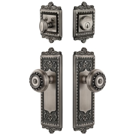 Grandeur Windsor Solid Brass Single Cylinder Keyed Entry Knobset and Deadbolt Combo Pack with Parthenon Knob and 2-3/4" Backset Antique Pewter