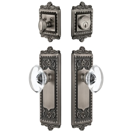 Grandeur Windsor Solid Brass Single Cylinder Keyed Entry Knobset and Deadbolt Combo Pack with Provence Crystal Knob and 2-3/4" Backset Antique Pewter