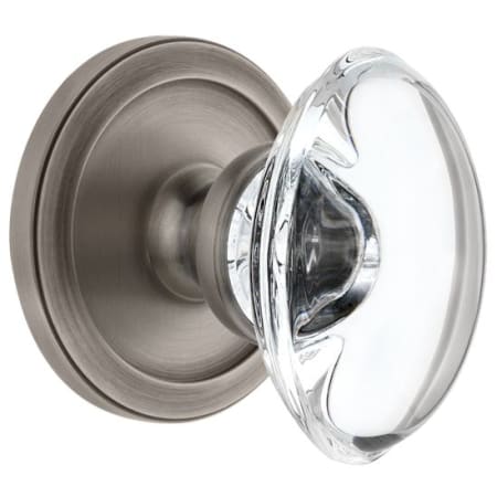 Grandeur Circulaire Solid Brass Rose Privacy Door Knob Set with Provence Crystal Knob and 2-3/4" Backset Antique Pewter