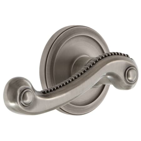 Grandeur Circulaire Solid Brass Rose Right Handed Privacy Door Lever Set with Newport Lever and 2-3/4" Backset Antique Pewter