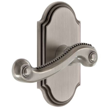 Grandeur Arc Solid Brass Left Handed Passage Door Lever Set with Newport Lever and 2-3/8" Backset Antique Pewter