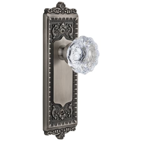 Grandeur Windsor Solid Brass Rose Privacy Door Knob Set with Fontainebleau Crystal Knob and 2-3/8" Backset Antique Pewter
