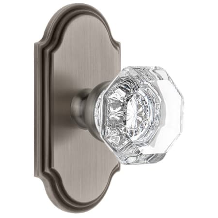 Grandeur Arc Solid Brass Rose Privacy Door Knob Set with Chambord Crystal Knob and 2-3/8" Backset Antique Pewter
