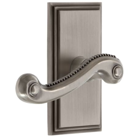 Grandeur Carre Solid Brass Rose Right Handed Passage Door Lever Set with Newport Lever and 2-3/8" Backset Antique Pewter