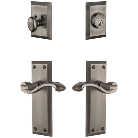 Grandeur Fifth Avenue Solid Brass Right Handed Single Cylinder Keyed Entry Leverset and Deadbolt Combo Pack with Portofino Lever and 2-3/8" Backset Antique Pewter