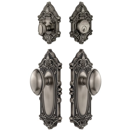 Grandeur Grande Victorian Solid Brass Single Cylinder Keyed Entry Knobset and Deadbolt Combo Pack with Eden Prairie Knob and 2-3/8" Backset Antique Pewter