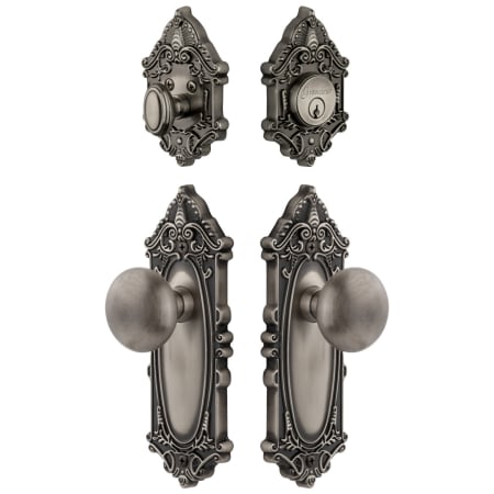 Grandeur Grande Victorian Solid Brass Single Cylinder Keyed Entry Knobset and Deadbolt Combo Pack with Fifth Avenue Knob and 2-3/8" Backset Antique Pewter