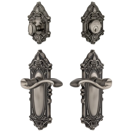 Grandeur Grande Victorian Solid Brass Right Handed Single Cylinder Keyed Entry Leverset and Deadbolt Combo Pack with Portofino Lever and 2-3/8" Backset Antique Pewter