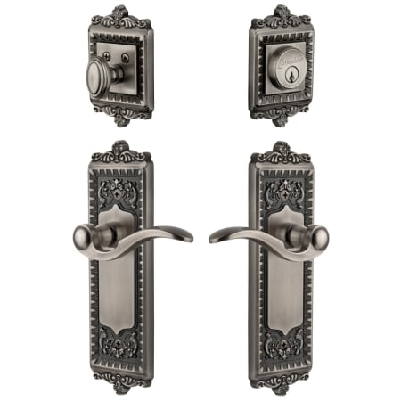 Grandeur Windsor Solid Brass Right Handed Single Cylinder Keyed Entry Leverset and Deadbolt Combo Pack with Bellagio Lever and 2-3/8" Backset Antique Pewter