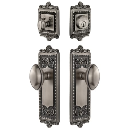 Grandeur Windsor Solid Brass Single Cylinder Keyed Entry Knobset and Deadbolt Combo Pack with Eden Prairie Knob and 2-3/8" Backset Antique Pewter