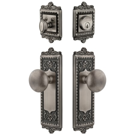 Grandeur Windsor Solid Brass Single Cylinder Keyed Entry Knobset and Deadbolt Combo Pack with Fifth Avenue Knob and 2-3/8" Backset Antique Pewter