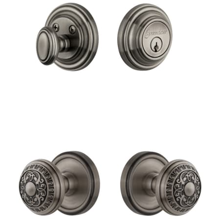 Grandeur Georgetown Solid Brass Single Cylinder Keyed Entry Knobset and Deadbolt Combo Pack with Windsor Knob and 2-3/8" Backset Antique Pewter