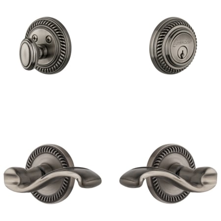 Grandeur Newport Solid Brass Right Handed Single Cylinder Keyed Entry Leverset and Deadbolt Combo Pack with Portofino Lever and 2-3/8" Backset Antique Pewter