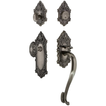 Grandeur Grande Victorian Solid Brass Rose Keyed Entry Single Cylinder Sectional "S" Grip Handleset with Grande Victorian Knob and 2-3/8" Backset Antique Pewter