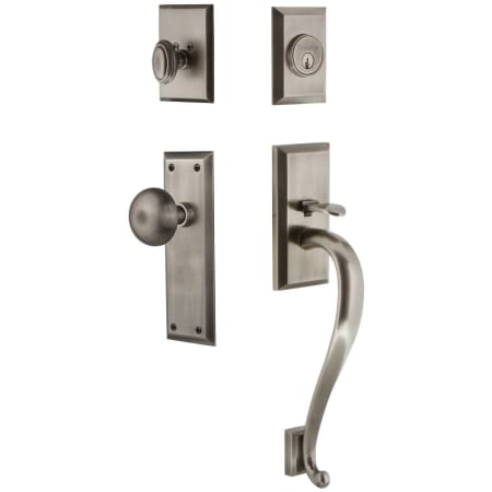 Grandeur Fifth Avenue Solid Brass Rose Keyed Entry Single Cylinder "S" Grip Handleset with Fifth Avenue Knob and 2-3/8" Backset Antique Pewter