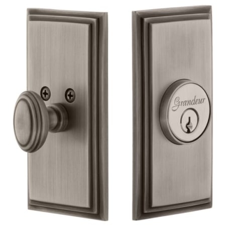 Grandeur Carre Solid Brass Rose Passage Door Knob Set with Circulaire Knob and 2-3/8" Backset Antique Pewter
