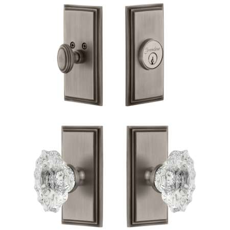 Grandeur Carre Solid Brass Single Cylinder Keyed Entry Knobset and Deadbolt Combo Pack with Biarritz Crystal Knob and 2-3/8" Backset Antique Pewter