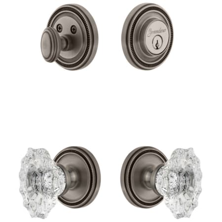 Grandeur Soleil Solid Brass Single Cylinder Keyed Entry Knobset and Deadbolt Combo Pack with Biarritz Crystal Knob and 2-3/4" Backset Antique Pewter