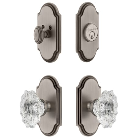 Grandeur Arc Solid Brass Single Cylinder Keyed Entry Knobset and Deadbolt Combo Pack with Biarritz Crystal Knob and 2-3/4" Backset Antique Pewter