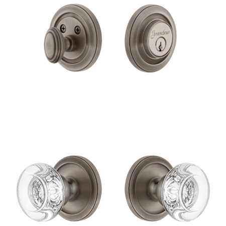 Grandeur Circulaire Solid Brass Single Cylinder Keyed Entry Knobset and Deadbolt Combo Pack with Bordeaux Crystal Knob and 2-3/8" Backset Antique Pewter
