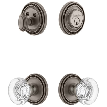 Grandeur Soleil Solid Brass Single Cylinder Keyed Entry Knobset and Deadbolt Combo Pack with Bordeaux Crystal Knob and 2-3/8" Backset Antique Pewter