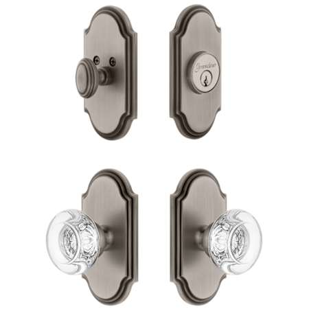 Grandeur Arc Solid Brass Single Cylinder Keyed Entry Knobset and Deadbolt Combo Pack with Bordeaux Crystal Knob and 2-3/8" Backset Antique Pewter
